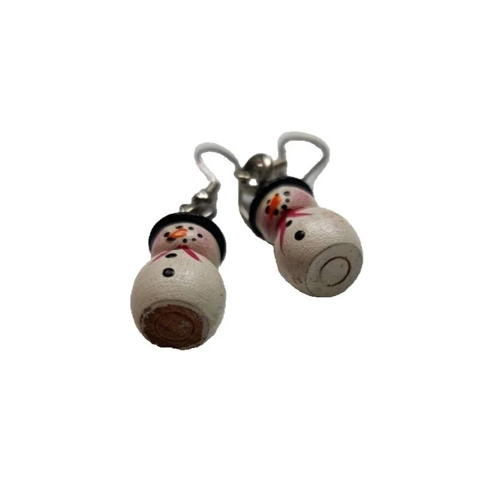 Vintage Wood Snowman Hoop Earrings Christmas Holiday